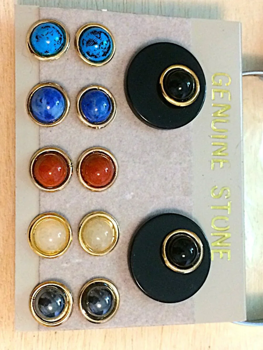 Vintage NOS 1970s Genuine Stone Earring Set 6pc Black Disc Turquoise Studs Card